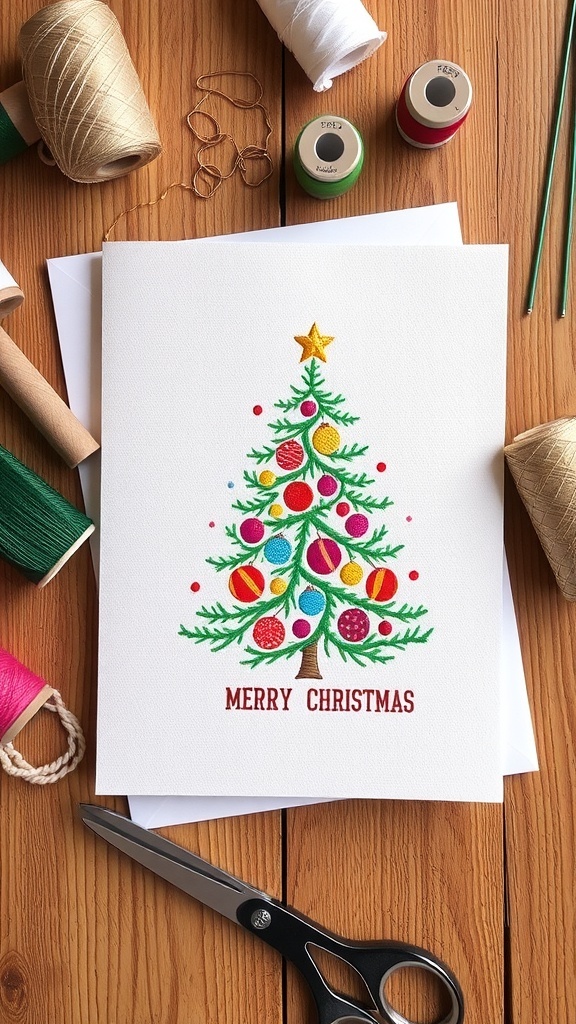 An embroidered Christmas card with a tree design, surrounded by crafting materials.